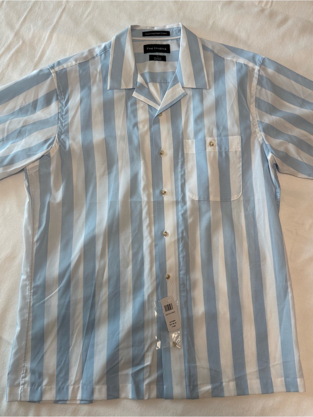 Paul Fredrick Light Blue and White Vertical Stripe Short-Sleeve Shirt